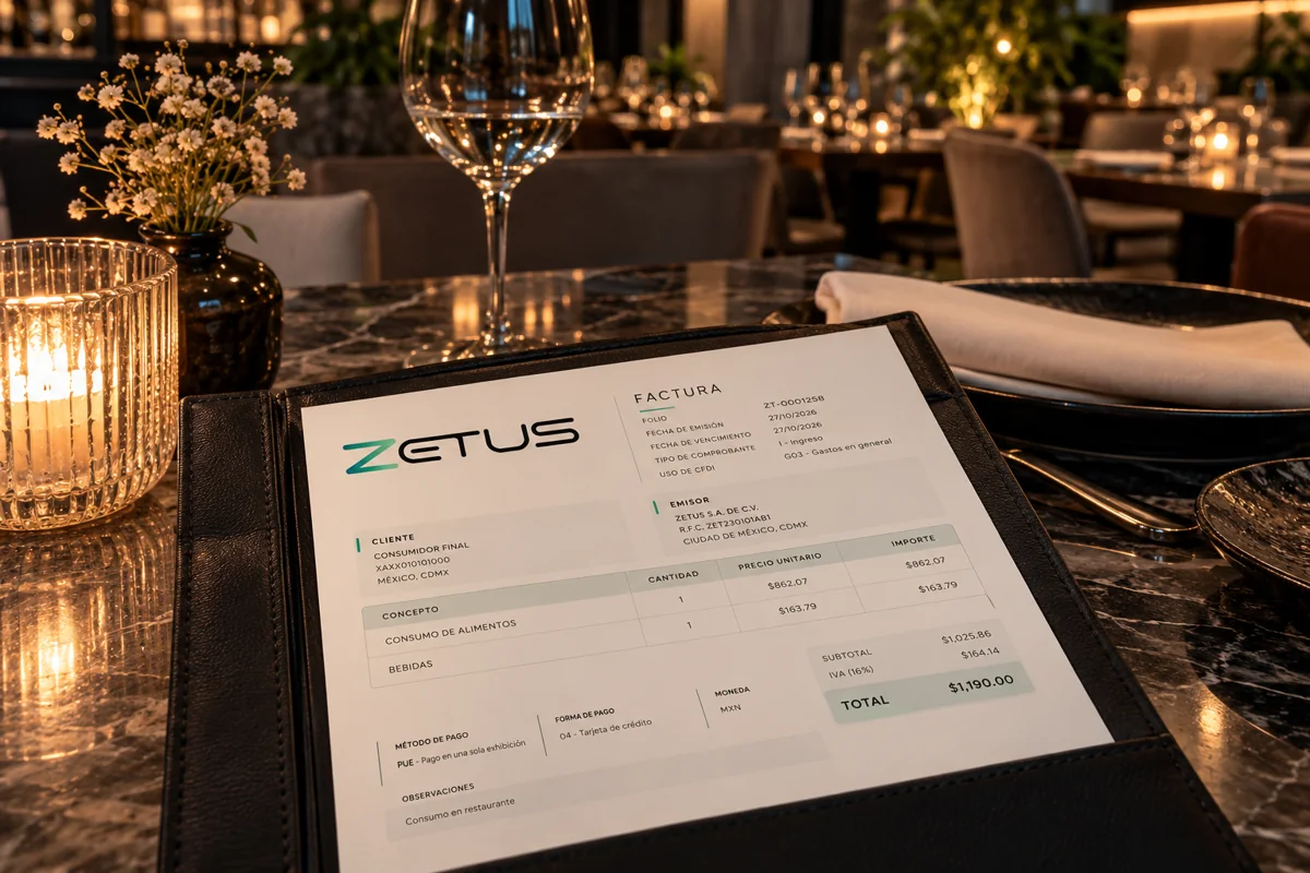 Factura Zetus en la mesa de un restaurante
